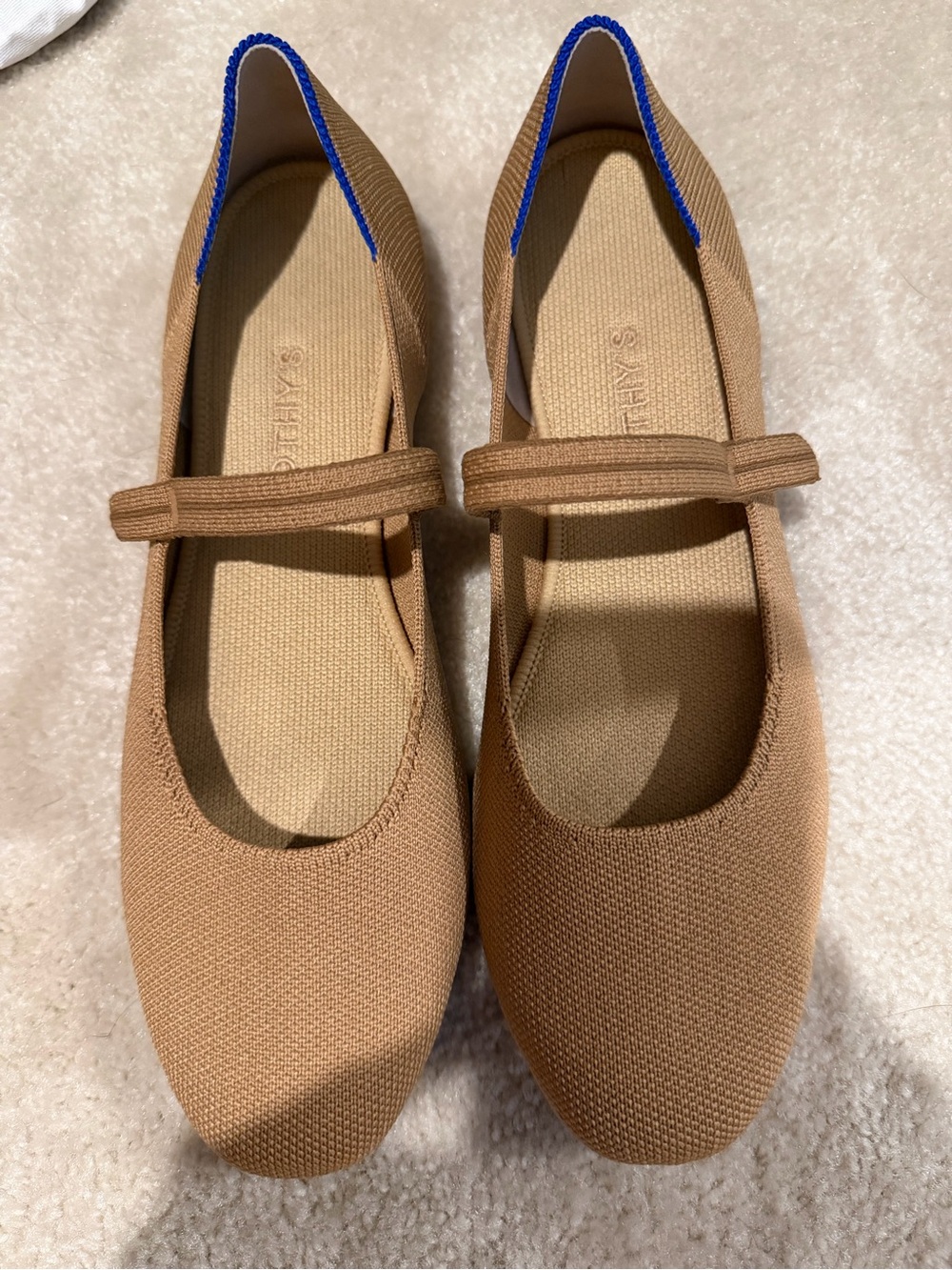 Rothy's Tan Mary Jane Flats with Blue Trim - Picture 1 of 10
